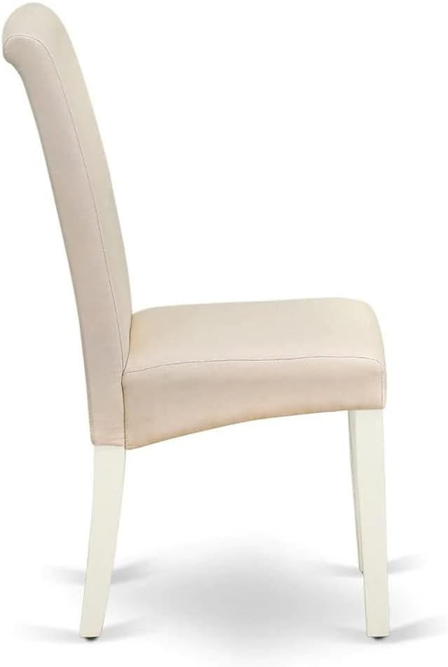 East West Furniture DLBA3-WHI-01 3 Piece Modern Dining Table Set Contains a Round Wooden Table with Dropleaf and 2 Cream Linen Fabric Upholstered Parson Chairs, 42x42 Inch, Linen White
