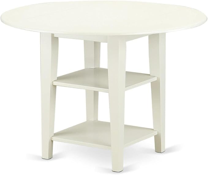 East West Furniture SUAV3-LWH-W 3 Piece Dining Room Table Set Contains a Round Kitchen Table with Dropleaf & Shelves and 2 Dining Chairs, 42x42 Inch, Linen White