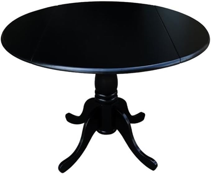 IC International Concepts, 42" Round Dual Drop Leaf Pedestal Dining Table, Solid Wood, Real Parawood, 42" W x 42" D x 29.5" H, Easy Assembly, Black
