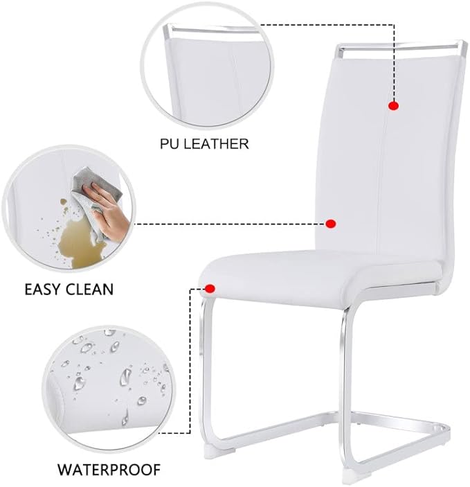 Dining Chairs Set, Kitchen Modern Metal Chairs with Faux Leather Padded Seat High Back and Sturdy Chrome Legs, Chairs for Dining Room (White-1, Set of 4)