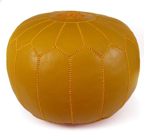 Stuffed Round Design Moroccan Leather Pouf Ottoman, Handmade, Pre-Filled, 100% Genuine Leather, 13” Height x 20” Diameter, Footstool & Living Room Décor (Mustard)