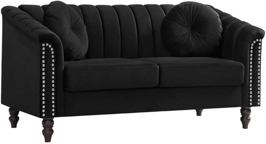 60" Loveseat Sofa, Microfiber Chesterfield Upholstered Sofas Love Seat, Couch Chair Sets with Style Button Tufted, Scroll Arms and Nailhead for Living Room, Office, Black