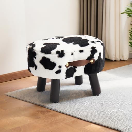 Small Footstool with Handle, Faux Fur Ottoman Foot Rest with Padded Seat, Curved Foot Stool with Wooden Legs, Portable Foot Rest for Living Room, Bedroom, Entryway, Cow