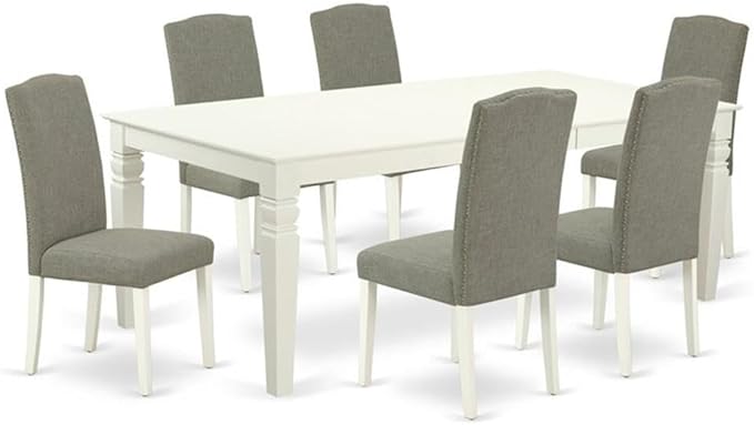 East West Furniture LGEN7-LWH-06 7 Piece Dining Room Table Set Consist of a Rectangle Kitchen Table with Butterfly Leaf and 6 Dark Shitake Linen Fabric Parson Chairs, 42x84 Inch, Linen White