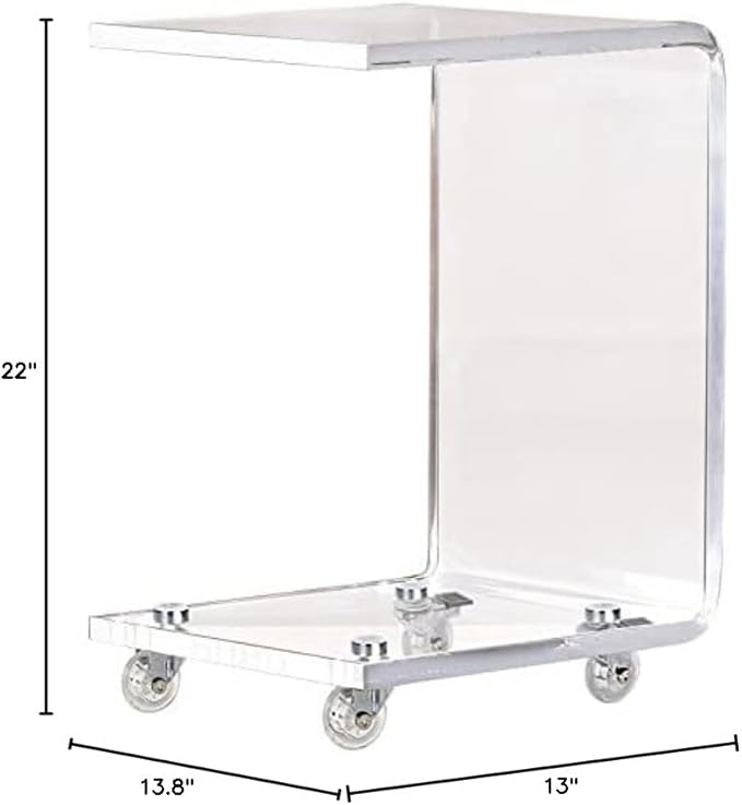 ONELUX Mobile C Shaped End Table,Acrylic Sofa Side Table, Snack Table On Wheels,Clear Rolling Table