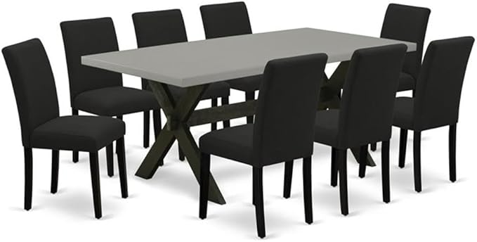 East West Furniture X697AB624-9 9 Piece Dining Room Table Set Includes a Rectangle Kitchen Table with X-Legs and 8 Black Color Linen Fabric Parsons Dining Chairs, 40x72 Inch, Multi-Color