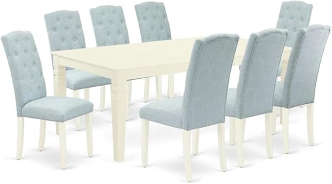 East West Furniture LGCE9-LWH-15 9 Piece Dining Room Table Set Includes a Rectangle Kitchen Table with Butterfly Leaf and 8 Baby Blue Linen Fabric Parsons Chairs, 42x84 Inch, Linen White
