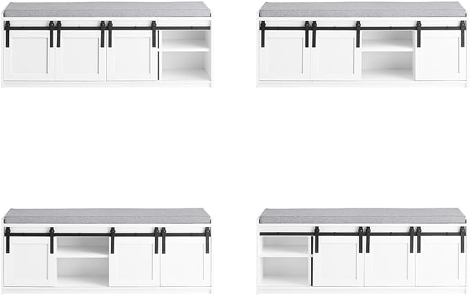 Haotian Industrial Style Shoe Storage Bench, Entryway Hallway Shoe Cabinet, Sliding Barn Doors, Drawer & Padded Seat Cushion, Rustic Window Bench for Mudroom (White) FSR198-W