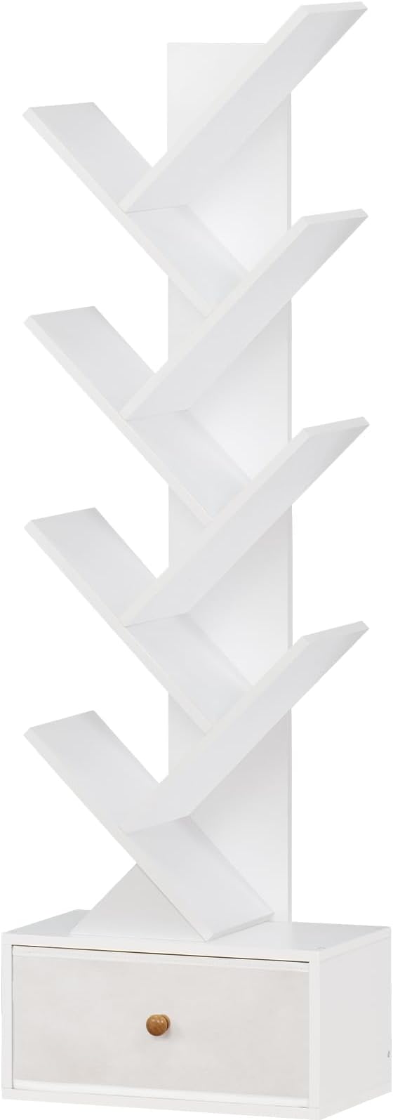 8 Tier Tree Bookshelf with Drawer, Free Standing Wood Bookcase for Narrow Space, Storage Organizer Bookshelves for Books, Book Case for Home Office, Living Room, Bedroom - Sweet White