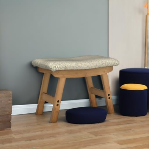 Foot Stool Ottoman Foot Rest Under Desk,Small Stool for Living Room, Bedroom and Kitchen (Brown Legs - Beige Stool Surface)