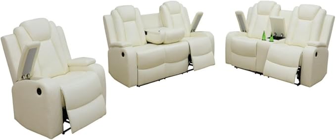 Electric Power Recliner Chair/Loveseat/Sofa Living Room, Comfy Home Theater Breathing Leather Seating with USB 2.0 Charging Ports, LED Light Strips, Fold-Down Table & Cupholders (White, 3-Piece)