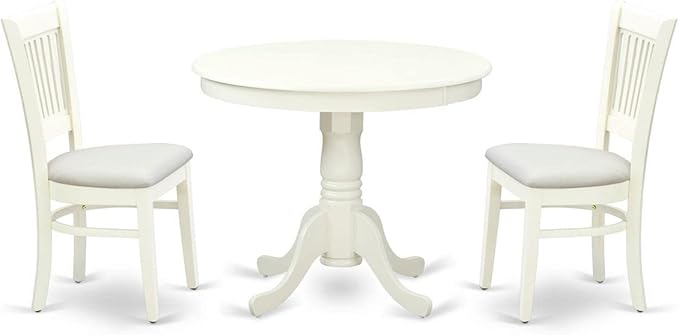 East West Furniture ANVA3-LWH-C 3 Piece Dining Table Set for Small Spaces Contains a Round Kitchen Table with Pedestal and 2 Linen Fabric Kitchen Dining Chairs, 36x36 Inch, Linen White