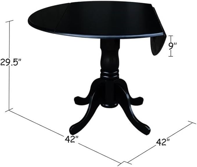 IC International Concepts, 42" Round Dual Drop Leaf Pedestal Dining Table, Solid Wood, Real Parawood, 42" W x 42" D x 29.5" H, Easy Assembly, Black