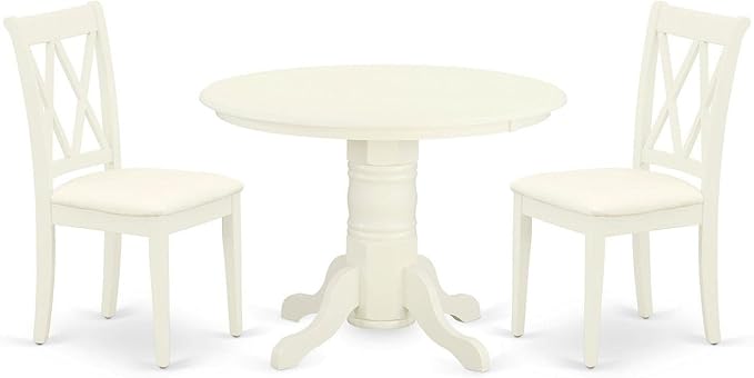 East West Furniture SHCL3-WHI-C 3 Piece Dining Room Furniture Set Contains a Round Kitchen Table with Pedestal and 2 Linen Fabric Upholstered Dining Chairs, 42x42 Inch, Linen White