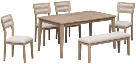 SogesHome Classic 6-Piece Dining Table Set, Rectangular Wooden Kitchen Table with Upholstered Chairs & Bench for Dining Room, Traditional Retro Farmhouse Dining Table for Kitchen, Natural