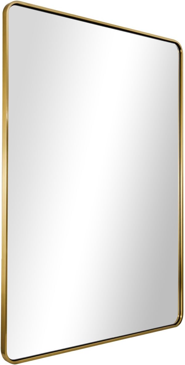 ANDY STAR 48x36 Inch Gold Bathroom Mirror, Brushed Gold Mirrors for Wall in Anti-Rust SUS304 Tube Metal Frame, Rounded Rectangle Mirrors 1’’ Deep Wall Mounted Vertically/Horizontal for Bathroom