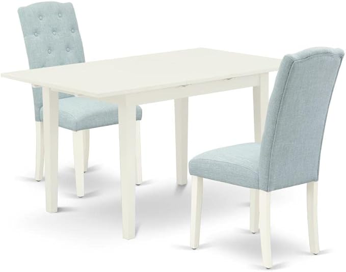 East West Furniture NOCE3-LWH-15 3 Piece Dining Table Set Contains a Rectangle Dining Room Table with Butterfly Leaf and 2 Baby Blue Linen Fabric Parsons Chairs, 32x54 Inch, Linen White