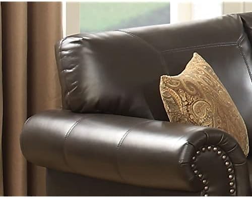AC Pacific Louis Traditional Upholstered Leather Living Room Piece with Antique Brass Nail Head Trim, Sofa, Umber
