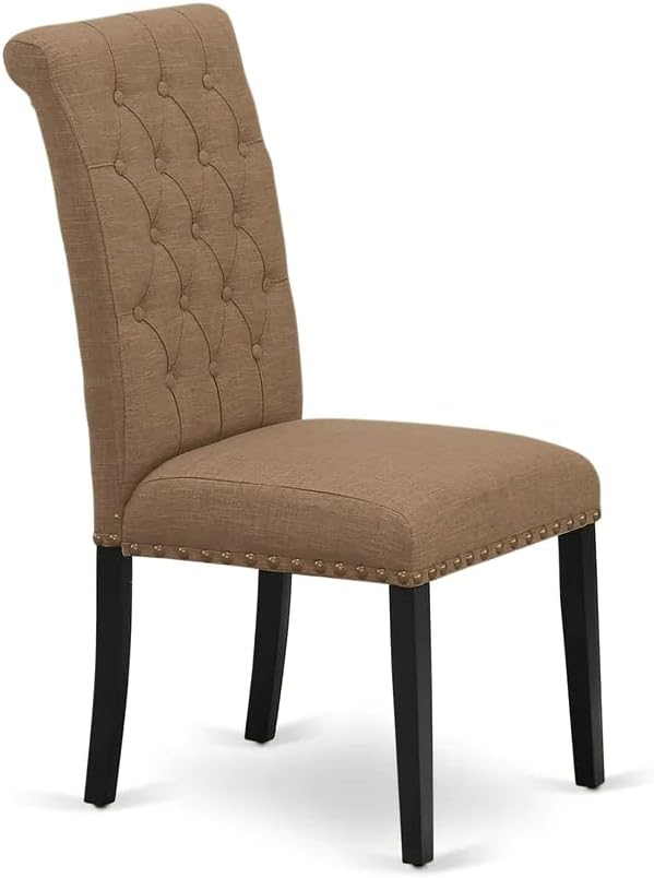 East West Furniture AMBR3-BCH-17 3 Piece Dining Table Set Contains a Round Kitchen Table with Pedestal and 2 Light Sable Linen Fabric Upholstered Kitchen Chairs, 36x36 Inch, Black & Cherry