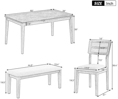 SogesHome Classic 6-Piece Dining Table Set, Rectangular Wooden Kitchen Table with Upholstered Chairs & Bench for Dining Room, Traditional Retro Farmhouse Dining Table for Kitchen, White+Grey