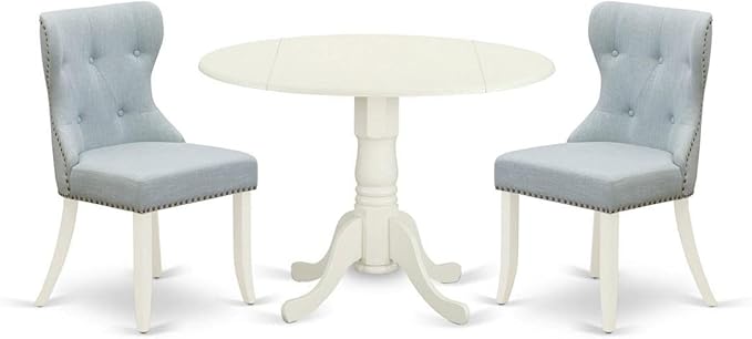 East West Furniture DLSI3-WHI-15 3 Piece Dining Room Furniture Set Contains a Round Dining Table with Dropleaf and 2 Baby Blue Linen Fabric Upholstered Chairs, 42x42 Inch, Linen White