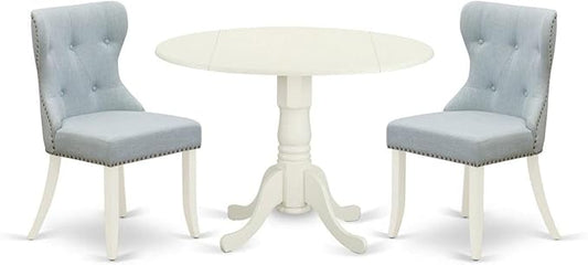 East West Furniture DLSI3-WHI-15 3 Piece Dining Room Furniture Set Contains a Round Dining Table with Dropleaf and 2 Baby Blue Linen Fabric Upholstered Chairs, 42x42 Inch, Linen White