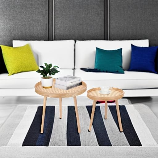 Round Coffee Table Set of 2, Natural Boho Side Table, Small Mid Century Modern Rattan End Tables for Living Room Bedroom Office
