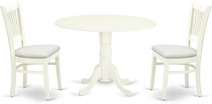 East West Furniture DLVA3-LWH-C 3 Piece Modern Dining Table Set Contains a Round Wooden Table with Dropleaf and 2 Linen Fabric Upholstered Dining Chairs, 42x42 Inch, Linen White