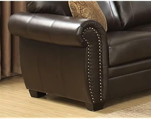 AC Pacific Louis Traditional Upholstered Leather Living Room Piece with Antique Brass Nail Head Trim, Sofa, Umber