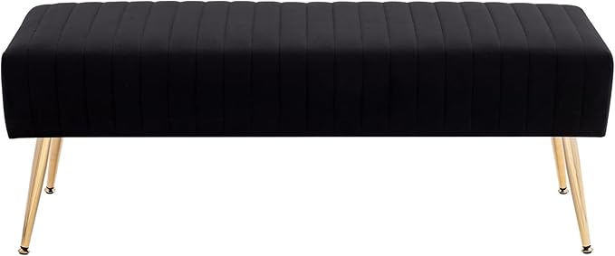 Furniliving 44 Inch Bedroom Bench, Upholstered Tufted Striped Fabric Ottoman Benches with X-Shaped Metal Legs for Living Room, Entryway Solid Wood Indoor Bench for Foyer (Black)