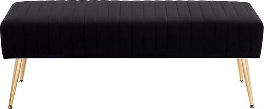 Furniliving 44 Inch Bedroom Bench, Upholstered Tufted Striped Fabric Ottoman Benches with X-Shaped Metal Legs for Living Room, Entryway Solid Wood Indoor Bench for Foyer (Black)