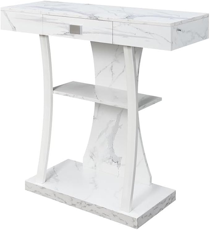 Convenience Concepts Newport Harri Console Table 36" - Modern Sofa Table with Storage Shelves, One Drawer Narrow Entryway Hall Table for Living Room, White Faux Marble/White