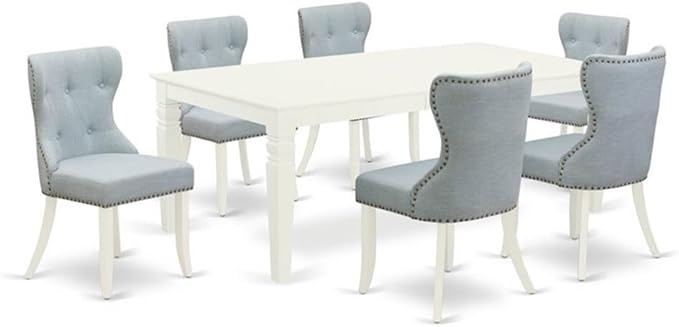 East West Furniture LGSI7-LWH-15 7 Piece Dining Room Set Consist of a Rectangle Wooden Table with Butterfly Leaf and 6 Baby Blue Linen Fabric Parson Dining Chairs, 42x84 Inch, Linen White