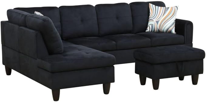 Black L-Shaped 3-Piece Flannel Sofa with Storage Ottoman Set, Sectional Couch Sofa Set for Living Room, Office, Small Space