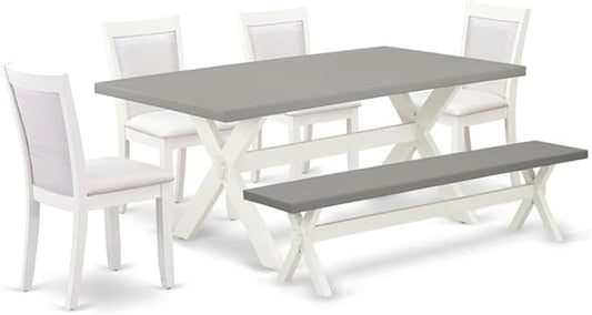 East West Furniture X097MZ001-6 6 Piece Kitchen Table Set Contains a Rectangle Dining Table with X-Legs and 4 Cream Linen Fabric Upholstered Chairs with a Bench, 40x72 Inch, Multi-Color