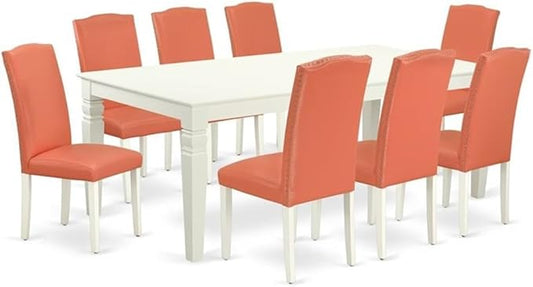 East West Furniture LGEN9-LWH-78 9 Piece Kitchen Table Set Includes a Rectangle Dining Table with Butterfly Leaf and 8 Pink Flamingo Faux Leather Parson Chairs, 42x84 Inch, Linen White