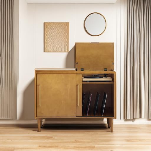Crosley Furniture Everett Media Console and Record Player Stand with Storage for Vinyl Records, Acorn