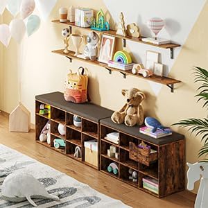 DINZI LVJ Shoe Bench, Entryway Storage Bench with Drawer and 8 Cubbies, Cubby Shoe Rack with Adjustable Shelves, Shoe Organizer Cabinet for Living Room, Bedroom, Mudroom and Garage, Rustic Brown