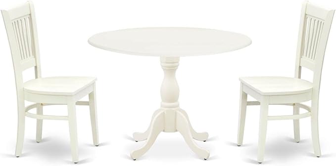 East West Furniture DMVA3-LWH-W 3 Piece Kitchen Table & Chairs Set Contains a Round Dining Room Table with Dropleaf and 2 Dining Chairs, 42x42 Inch, Linen White