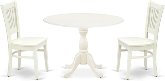 East West Furniture DMVA3-LWH-W 3 Piece Kitchen Table & Chairs Set Contains a Round Dining Room Table with Dropleaf and 2 Dining Chairs, 42x42 Inch, Linen White