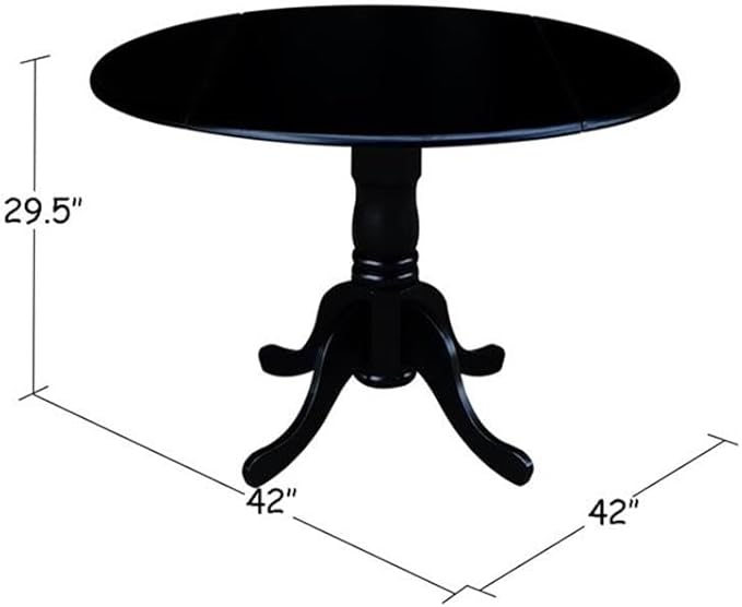 IC International Concepts, 42" Round Dual Drop Leaf Pedestal Dining Table, Solid Wood, Real Parawood, 42" W x 42" D x 29.5" H, Easy Assembly, Black