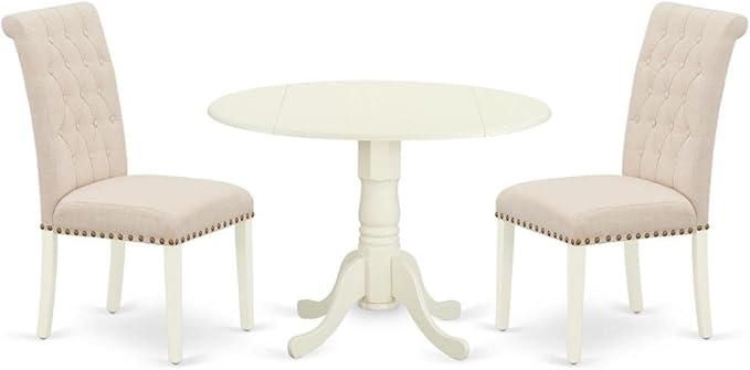 East West Furniture DLBR3-WHI-02 3 Piece Modern Dining Table Set Contains a Round Wooden Table with Dropleaf and 2 Light Beige Linen Fabric Parson Dining Chairs, 42x42 Inch, Linen White