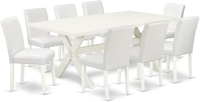 East West Furniture X027AB264-9 9 Piece Dining Set Includes a Rectangle Dining Room Table with X-Legs and 8 White Faux Leather Upholstered Parson Chairs, 40x72 Inch, Multi-Color