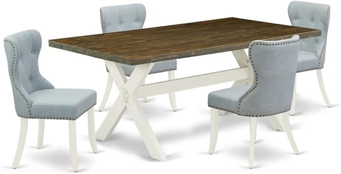 East West Furniture X077SI215-5 5 Piece Kitchen Table & Chairs Set Includes a Rectangle Dining Table with X-Legs and 4 Baby Blue Linen Fabric Parson Chairs, 40x72 Inch, Multi-Color