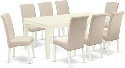 East West Furniture LGBA9-LWH-01 9 Piece Dining Room Set Includes a Rectangle Wooden Table with Butterfly Leaf and 8 Cream Linen Fabric Parson Dining Room Chairs, 42x84 Inch, Linen White