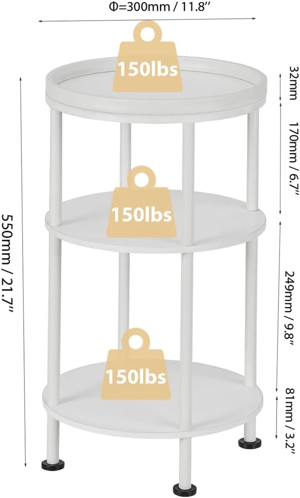Small Round End Table with Charging Station, 3-Tier Accent Couch Beside Table with USB Ports & Power Outlets, Sofa Side Table for Living Room Small Nightstand Bedroom (Classic, White)