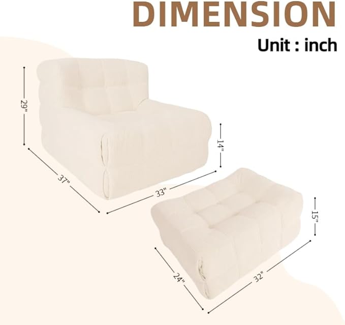 Bean Bag Chair - Memory Foam Bean Bag Chair for Adults, Comfy High-Resilience Single Sofa, Small Space Floor Chair, Chaise Lounge for Living Room, Bedroom (Beige, Square + Ottoman)