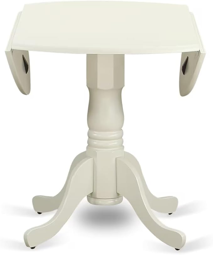 East West Furniture DLAB5-LWH-64 5 Piece Kitchen Table & Chairs Set Includes a Round Dining Room Table with Dropleaf and 4 White Faux Leather Parsons Dining Chairs, 42x42 Inch, Linen White
