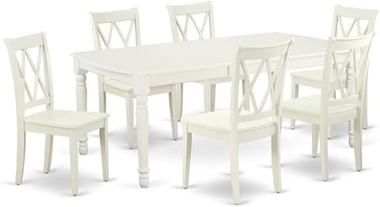 East West Furniture DOCL7-LWH-W 7 Piece Modern Dining Table Set Consist of a Rectangle Wooden Table with Butterfly Leaf and 6 Kitchen Dining Chairs, 42x78 Inch, Linen White