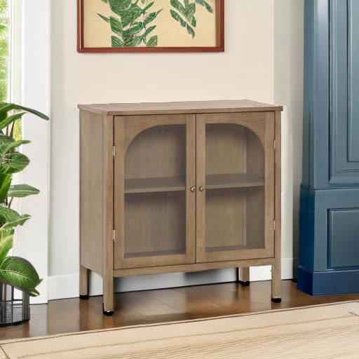 Nathan James Mason Storage Cabinet, Free Standing Accent Sideboard Buffet, Credenza with Glass Doors and Adjustable Shelf in Brushed Light Brown Wood for Dining Room, Entryway and Living Room